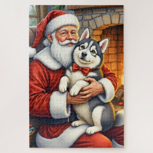 Santa Claus Holding Alaskan Malamute Christmas Art ジグソーパズル (縦)