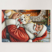 Santa Claus Holding American Eskimo Christmas Art ジグソーパズル (横)