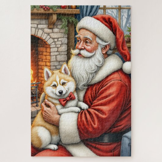 Santa Claus Holding American Eskimo Christmas Art ジグソーパズル (縦)