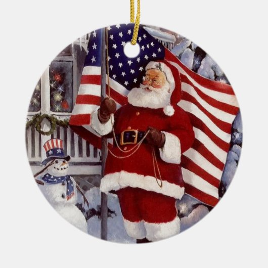 Santa Claus Holding American Flag セラミックオーナメント (正面)