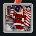 Santa Claus Holding American Flag メタルオーナメント<br><div class="desc">Santa Claus holding the American Flag design.</div>