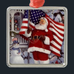 Santa Claus Holding American Flag メタルオーナメント<br><div class="desc">Santa Claus holding the American Flag design.</div>