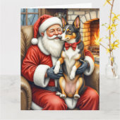 Santa Claus Holding Australian Kelpie Christmas カード (黄色い花)