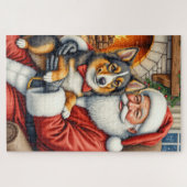Santa Claus Holding Australian Shepherd Christmas  ジグソーパズル (横)