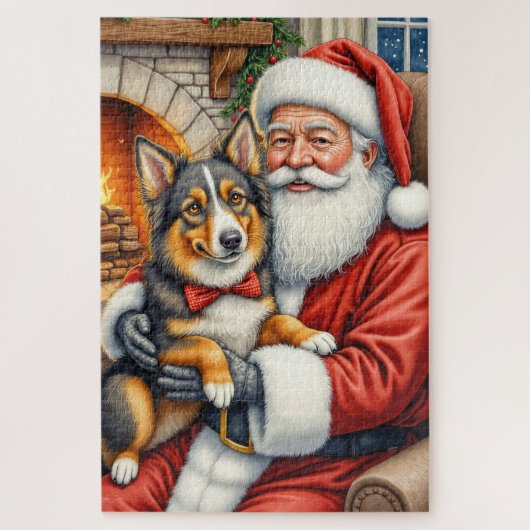 Santa Claus Holding Australian Shepherd Christmas  ジグソーパズル (縦)