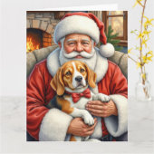 Santa Claus Holding Beagle Christmas Art カード (黄色い花)