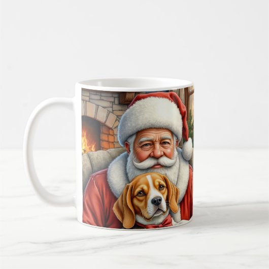 Santa Claus Holding Beagle Christmas Art コーヒーマグカップ (左)