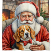 Santa Claus Holding Beagle Christmas Art シャワーカーテン (正面)