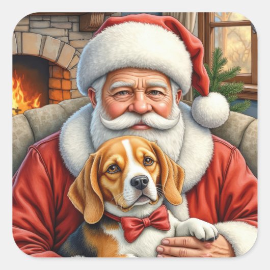 Santa Claus Holding Beagle Christmas Art スクエアシール (正面)
