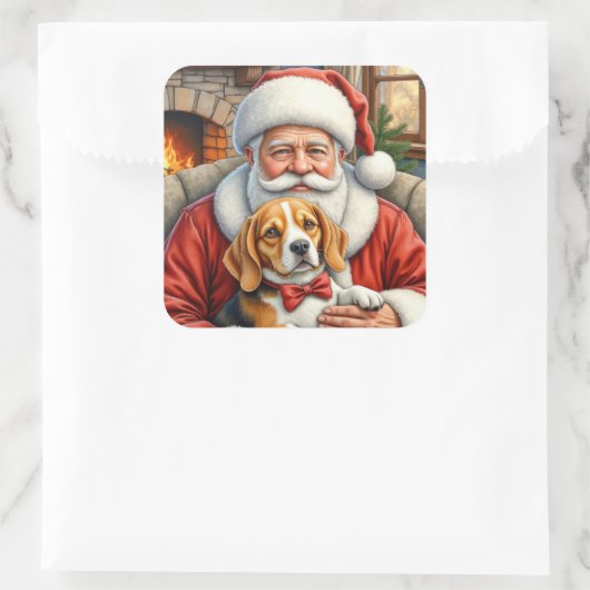 Santa Claus Holding Beagle Christmas Art スクエアシール (バッグ)