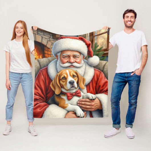 Santa Claus Holding Beagle Christmas Art フリースブランケット (インサイチュ)