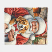 Santa Claus Holding Beagle Christmas Art フリースブランケット (正面(横))