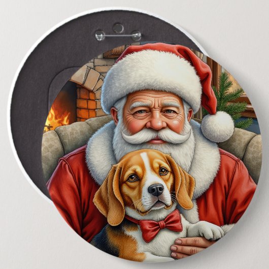 Santa Claus Holding Beagle Christmas Art 缶バッジ (正面&裏面)