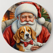 Santa Claus Holding Beagle Christmas Art 缶バッジ (正面)