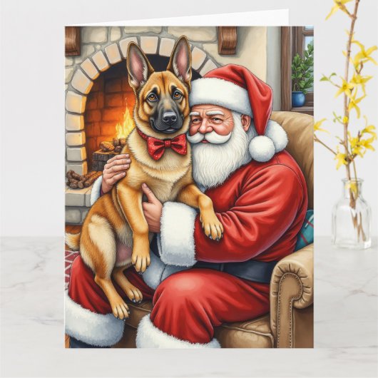 Santa Claus Holding Belgian Malinois Christmas Art カード (黄色い花)