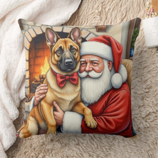 Santa Claus Holding Belgian Malinois Christmas Art クッション (ブランケット)