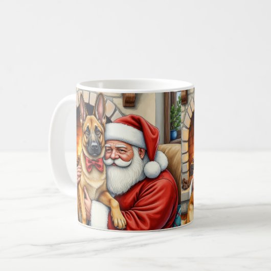Santa Claus Holding Belgian Malinois Christmas Art コーヒーマグカップ (正面左)