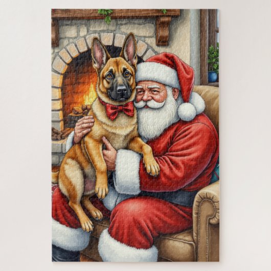 Santa Claus Holding Belgian Malinois Christmas Art ジグソーパズル (縦)