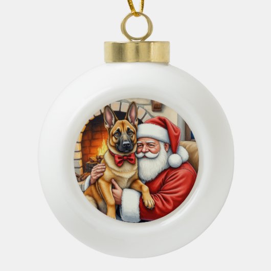 Santa Claus Holding Belgian Malinois Christmas Art セラミックボールオーナメント (正面)