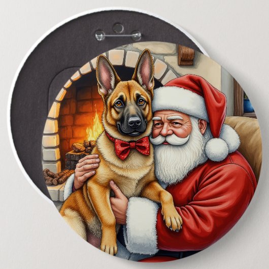 Santa Claus Holding Belgian Malinois Christmas Art 缶バッジ (正面&裏面)