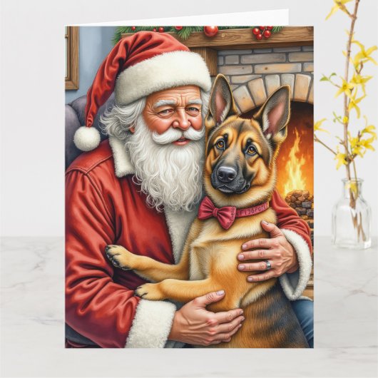 Santa Claus Holding Belgian Shepherd Christmas Art カード (黄色い花)