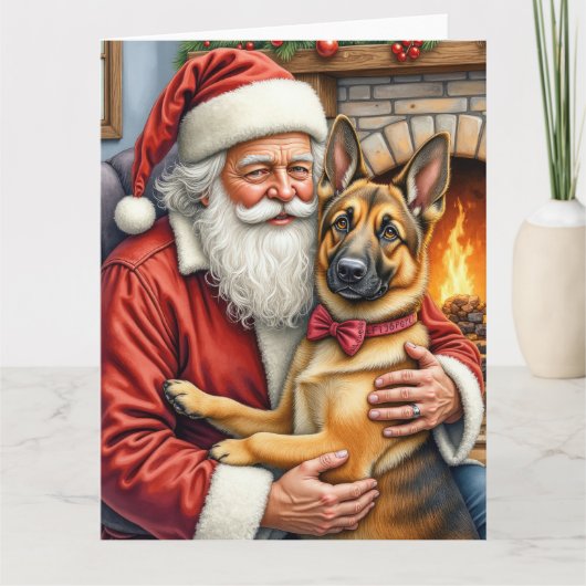 Santa Claus Holding Belgian Shepherd Christmas Art カード (正面)