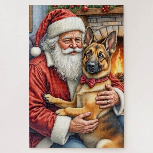 Santa Claus Holding Belgian Shepherd Christmas Art ジグソーパズル (縦)