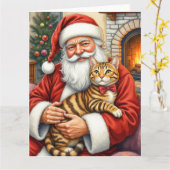 Santa Claus Holding Bengal Cat Christmas Art カード (黄色い花)