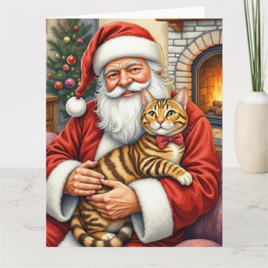 Santa Claus Holding Bengal Cat Christmas Art カード (正面)