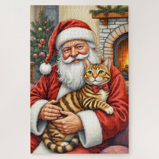 Santa Claus Holding Bengal Cat Christmas Art ジグソーパズル (縦)