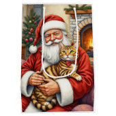 Santa Claus Holding Bengal Cat Christmas Art ミディアムペーパーバッグ (裏面)