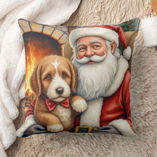 Santa Claus Holding Bernedoodle Christmas Art クッション (ブランケット)