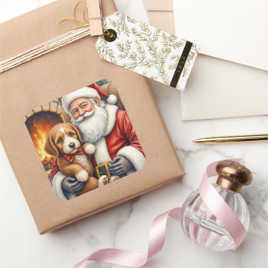 Santa Claus Holding Bernedoodle Christmas Art スクエアシール (ギフト)