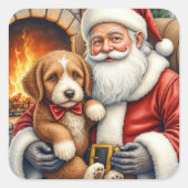Santa Claus Holding Bernedoodle Christmas Art スクエアシール (正面)