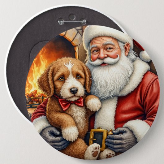 Santa Claus Holding Bernedoodle Christmas Art 缶バッジ (正面&裏面)