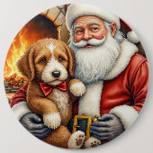 Santa Claus Holding Bernedoodle Christmas Art 缶バッジ (正面)