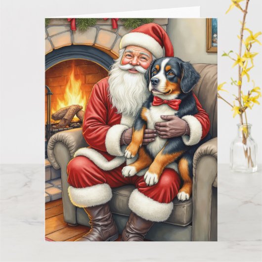 Santa Claus Holding Bernese Mountain Dog Christmas カード (黄色い花)