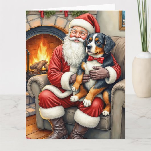 Santa Claus Holding Bernese Mountain Dog Christmas カード (正面)