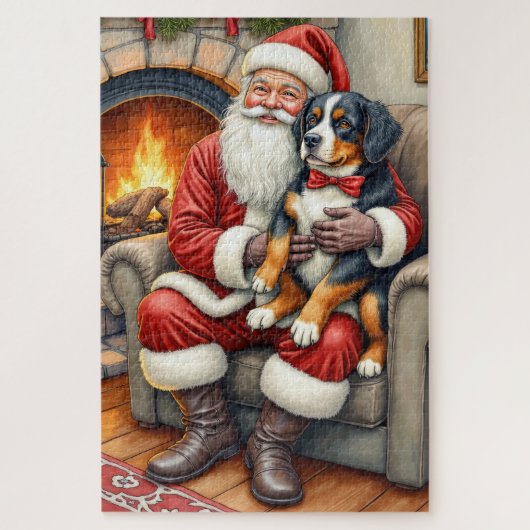 Santa Claus Holding Bernese Mountain Dog Christmas ジグソーパズル (縦)