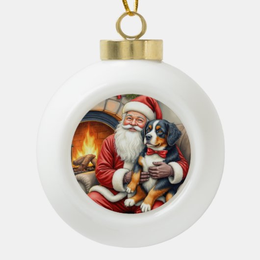 Santa Claus Holding Bernese Mountain Dog Christmas セラミックボールオーナメント (正面)