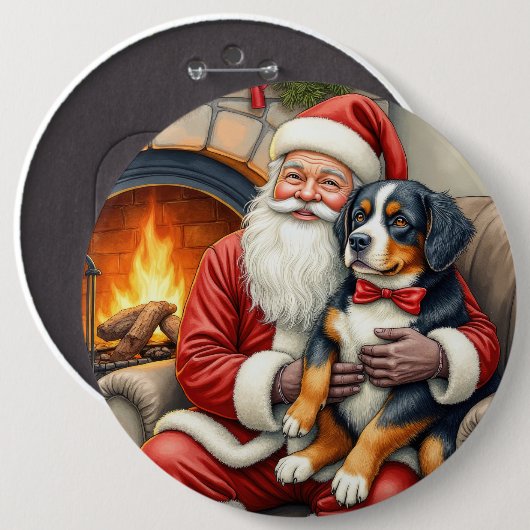 Santa Claus Holding Bernese Mountain Dog Christmas 缶バッジ (正面&裏面)