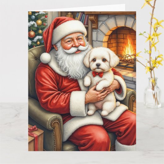 Santa Claus Holding Bichon Frise Christmas Art カード (黄色い花)