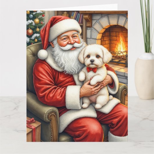 Santa Claus Holding Bichon Frise Christmas Art カード (正面)