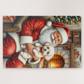 Santa Claus Holding Bichon Frise Christmas Art ジグソーパズル (横)
