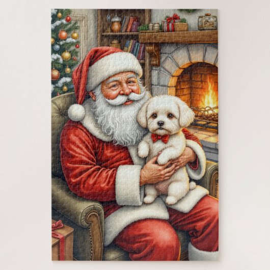 Santa Claus Holding Bichon Frise Christmas Art ジグソーパズル (縦)