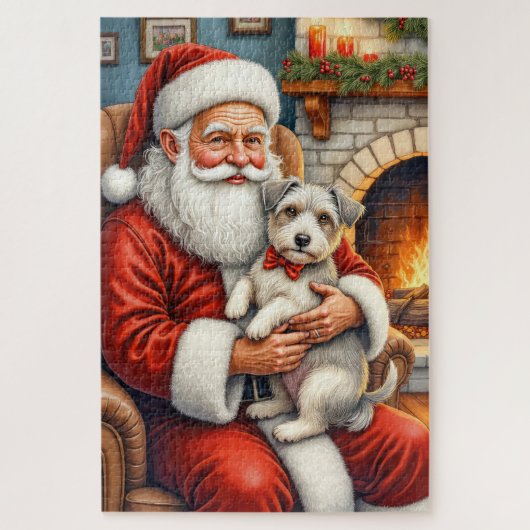 Santa Claus Holding Biewer Terrier Christmas Art ジグソーパズル (縦)