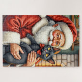 Santa Claus Holding Black Cat Christmas Art ジグソーパズル (横)