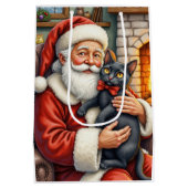 Santa Claus Holding Black Cat Christmas Art ミディアムペーパーバッグ (裏面)