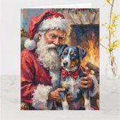 Santa Claus Holding Blue Heeler Christmas Art カード (黄色い花)