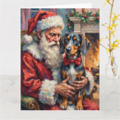 Santa Claus Holding Bluetick Coonhound Christmas カード (黄色い花)